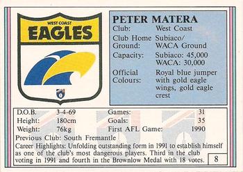 1992 AFL Regina #8 Peter Matera Back